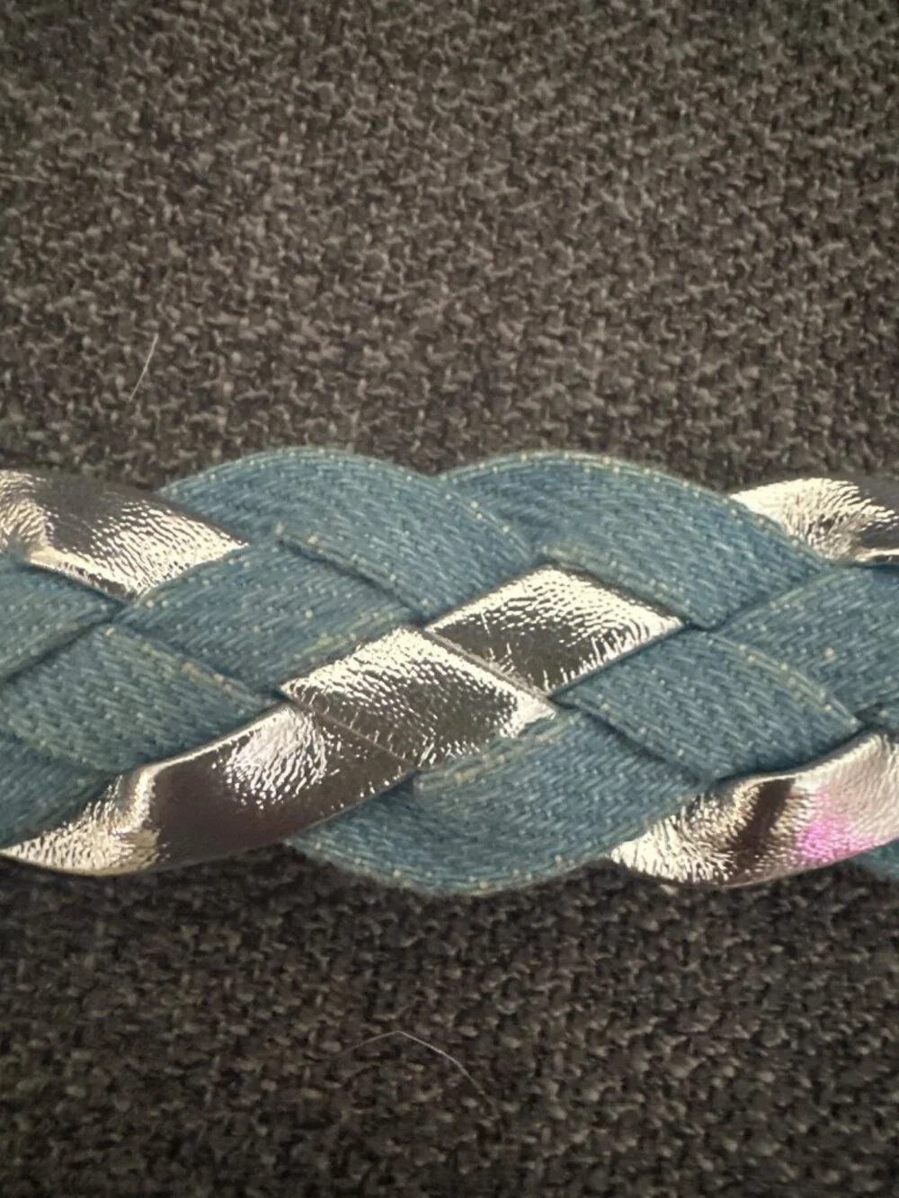 Braided Denim & Silver Metallic Belt With Metal Buckle - 36